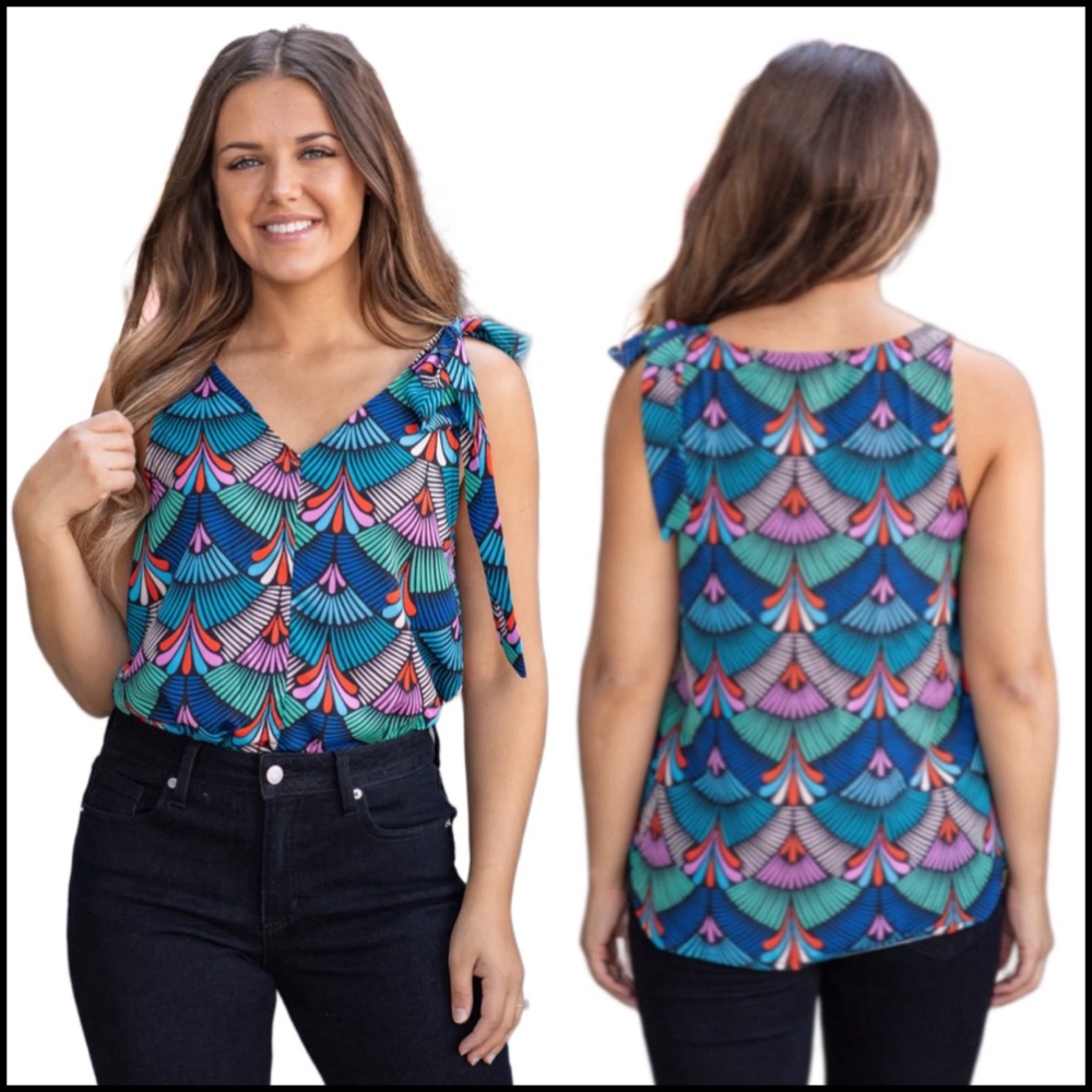 Molly Bracken Multi-Color Geo Print Bow-Detail Sleeveless Alix Sz XL